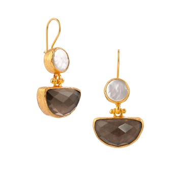 Earring made from brass, goldplated, smoky Quartz, baroque pearl